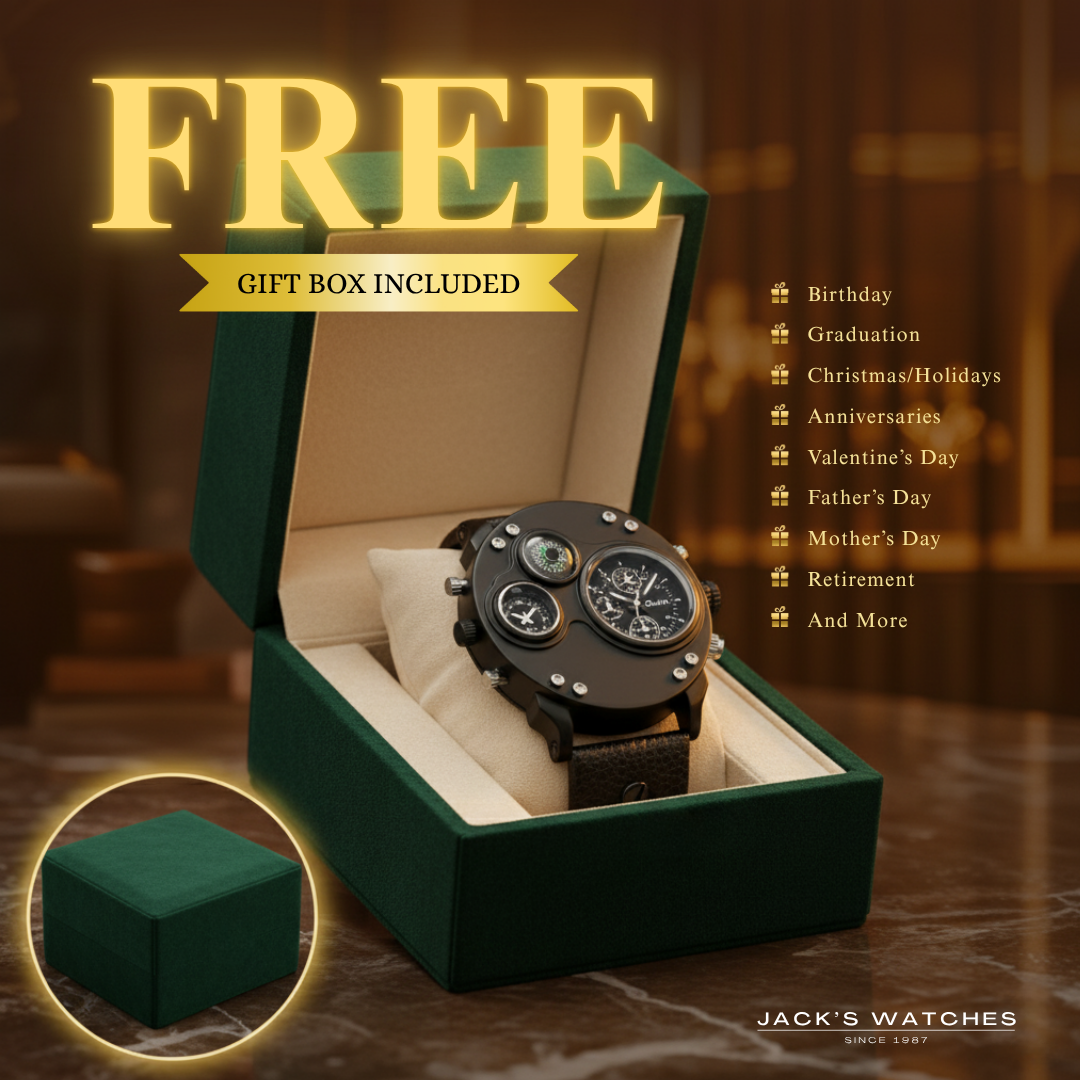 Black Leather Double Time Zone Quartz Watch